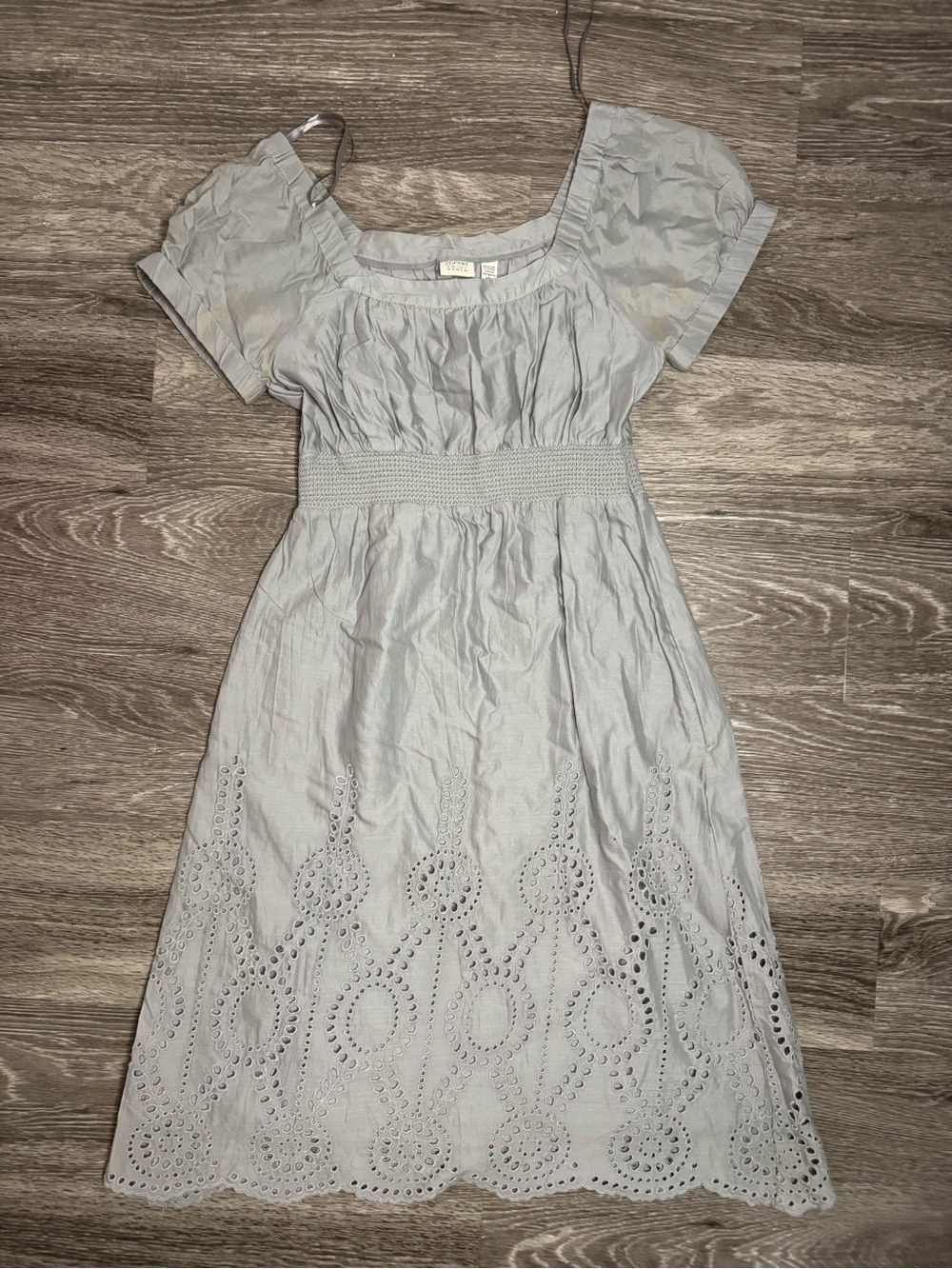 Early 2000s Light Gray Eyelet Midi Dress with Smocked Waist